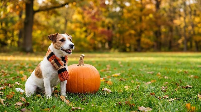 Jack Russell Terrier dog wearing a scarf sitting next to a pumpkin in an autumn park