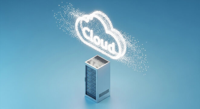 A 3D rendering of a server rack with a glowing cloud icon labeled 'Cloud' above it, symbolizing cloud computing and data services.
