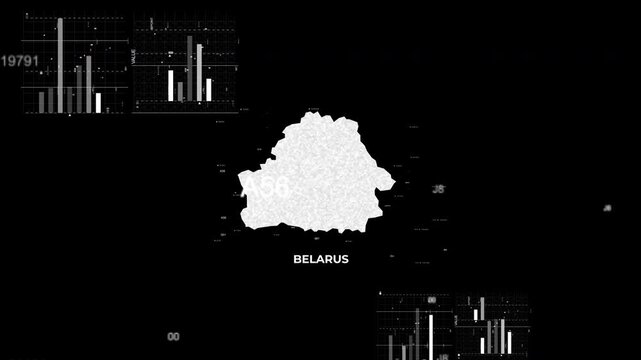 Belarus map animation showcasing economy, infrastructure, technology, population, energy, trade, and national development data for presentations, films, documentaries, and motion graphics.