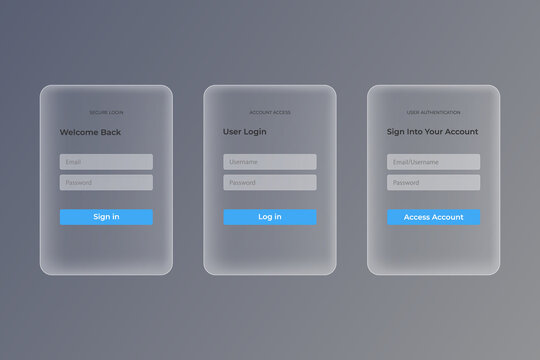 Modern glassmorphism UI login and registration. Form template with registration interface. Authentication template. 