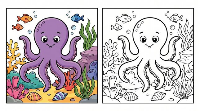 Coloring page featuring a cute underwater octopus and sea creatures, underwater