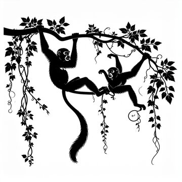 Silhouette of monkeys swinging on a vine with leaves.