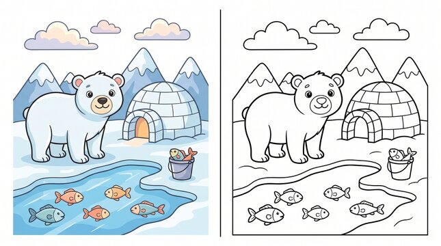 Educational coloring sheet for kids featuring a cute polar bear and igloo