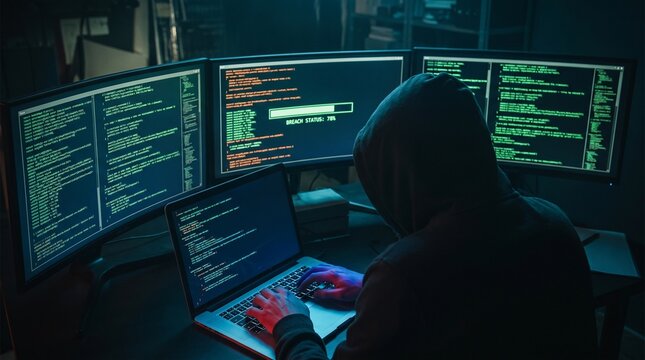 Silhouette of hooded hacker typing on laptop with multiple glowing screens showing code in dark room