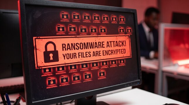 Computer screen displaying ransomware attack warning notification with red alert and encrypted file lock icon in office