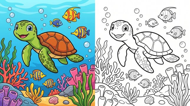 Cute cartoon sea turtle swimming in coral reef coloring page for kids