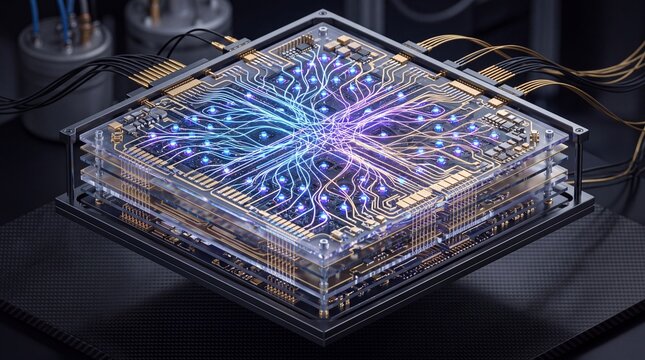 Futuristic quantum computer with intricate circuits and glowing lights, representing advanced technology and innovation.