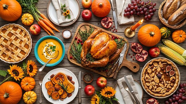 Thanksgiving dinner table with roasted turkey, pumpkin pie, and autumn harvest food spread