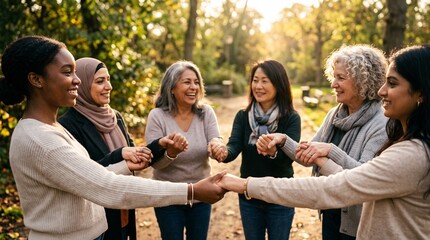 Obraz premium Circle of Sisterhood: A diverse group of women from various backgrounds hold hands in a circle, sharing laughter and connection in a sun-dappled park, embodying unity and friendship.