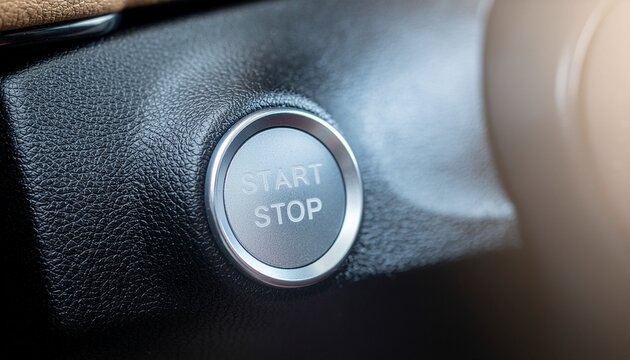 Silver metallic engine start stop ignition button on a black leather car dashboard close-up
