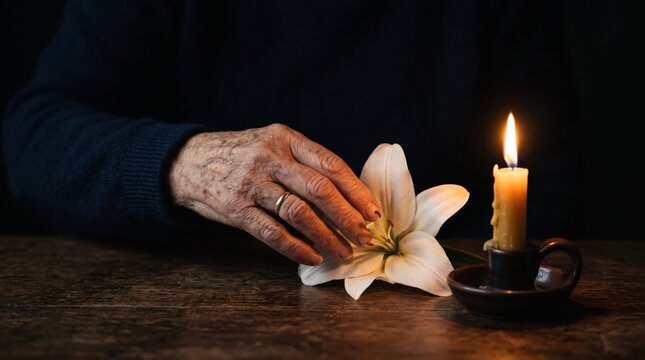 A Gentle Farewell: An elderly hand reaches out to touch a delicate white lily beside a flickering candle, a solemn and poignant moment of remembrance.