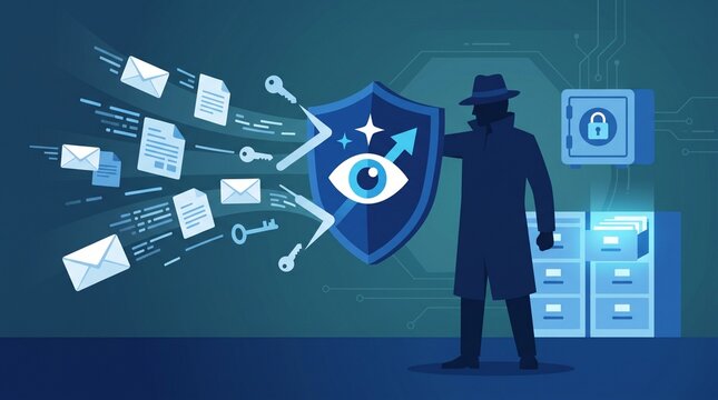 Conceptual illustration of digital security and data protection, featuring a silhouetted agent holding a shield to deflect cyber threats from sensitive documents, emails, and files.