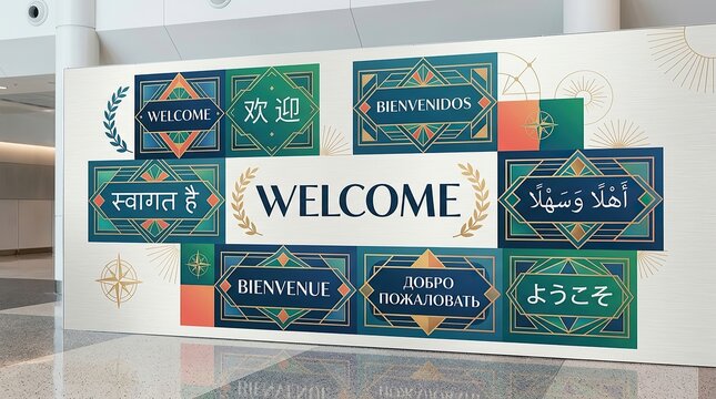 Multilingual welcome sign display with international greetings in a modern building lobby.