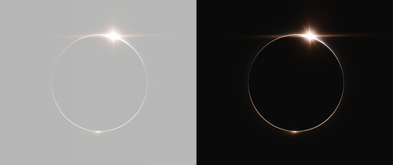 Golden Glowing Light Ring Solar Eclipse Diamond Effect Overlay Isolated on Grey and Black Backgrounds © Olga