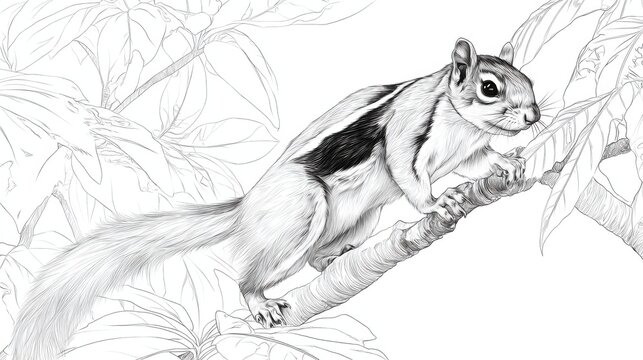 Detailed Illustration of a Chipmunk on a Branch Surrounded by Leaves