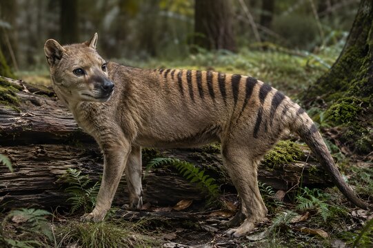 Photorealistic AI-generated reconstruction of an extinct Thylacine, also known as the Tasmanian Tiger (*Thylacinus cynocephalus*), standing in its historical natural habitat in Tasmania