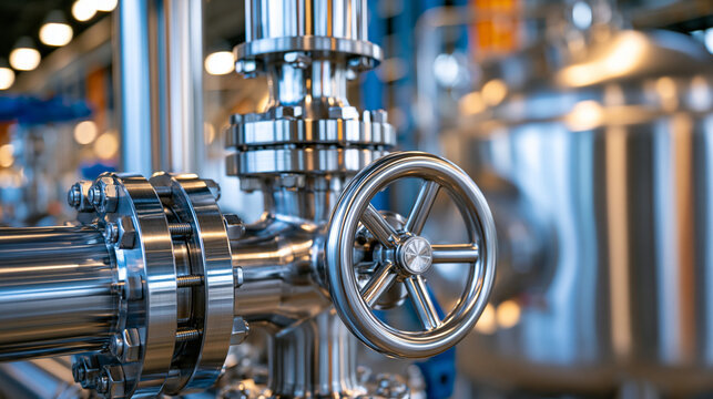 Detailed macro view of stainless steel valves, sanitary fittings and polished reactor walls with blurred fermentation tanks in the background, industrial engineering concept, ultra photorealism, cin