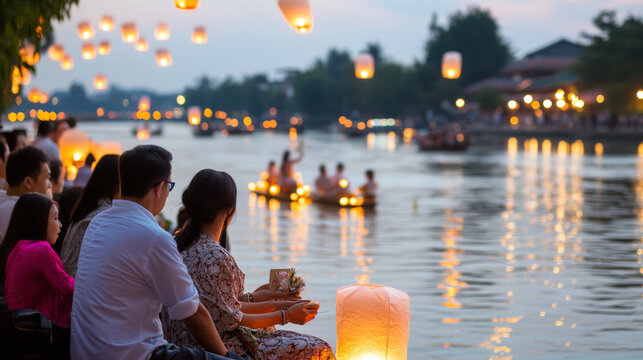 Yi Peng festival showing river lanterns and people at twilight, background