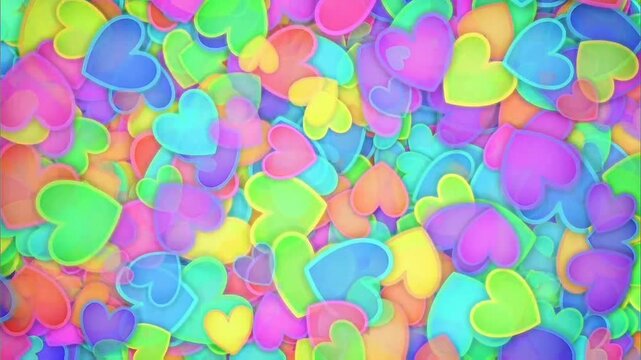 Dense overlapping translucent heart shapes in vivid rainbow hues fill entire frame, soft glowing edges create playful cheerful romantic decorative texture.