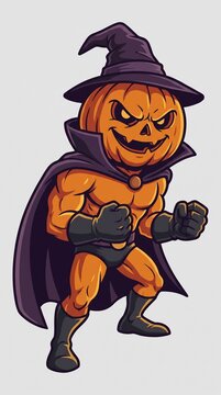 Strong fitness jack-o-lantern character in superhero costume ready for action
