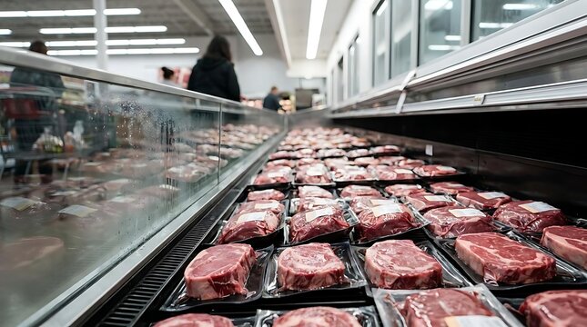 Raw beef steaks in supermarket refrigerated display