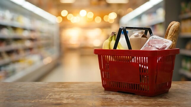 Red shopping basket with food on wooden table