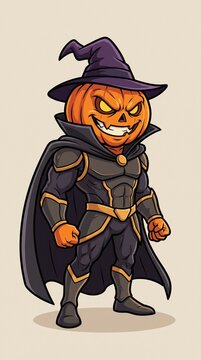 Heroic pumpkin warrior posing confidently with a flowing dark cape