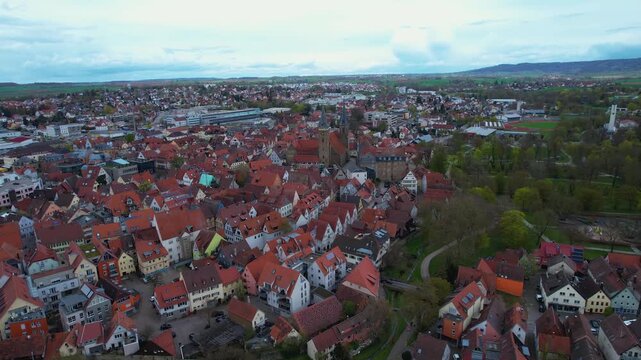 Panorama aerial view beside the old town above the city of &Ouml;hringen in Germany, on a cloudy autumn noon.