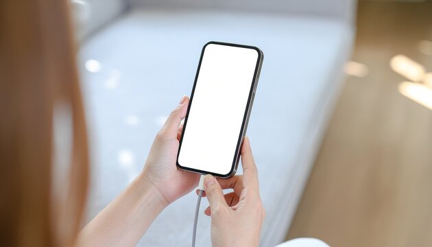 Woman holding a smartphone with a blank white screen plugged into a charger while sitting indoors