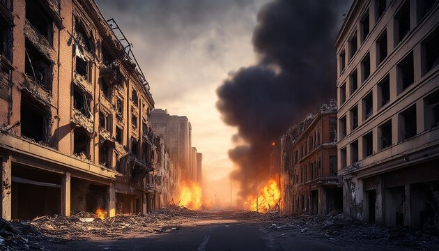 destroyed city street with damaged buildings and fire smoke after a war conflict in a dark and sad urban landscape