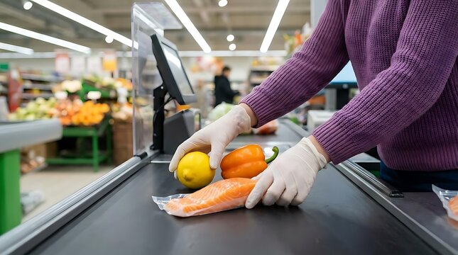 Cashier placing fresh food on supermarket checkout belt