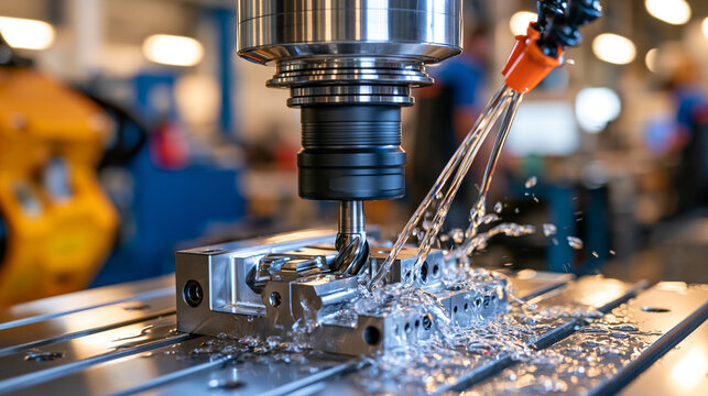 Front perspective of a state of the art CNC milling machine shaping a complex plastic mold insert with a high speed ball endmill cutter, crystal clear coolant droplets sparkling across the workpiece