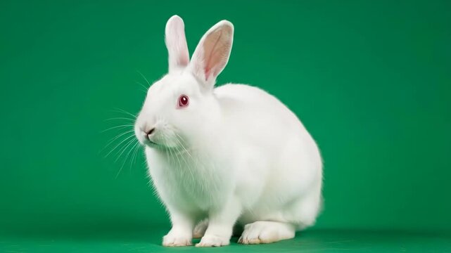 A portrait of a fluffy white rabbit sitting against a solid green background