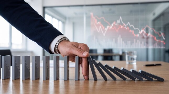 A business professional causing domino effect with blocks symbolizing market dynamics and strategic decisions.