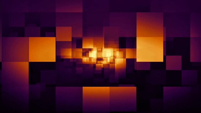 Glowing overlapping golden‑orange and deep purple translucent square panels arranged in abstract geometric pattern, soft light shines through layered shapes creating luminous depth.