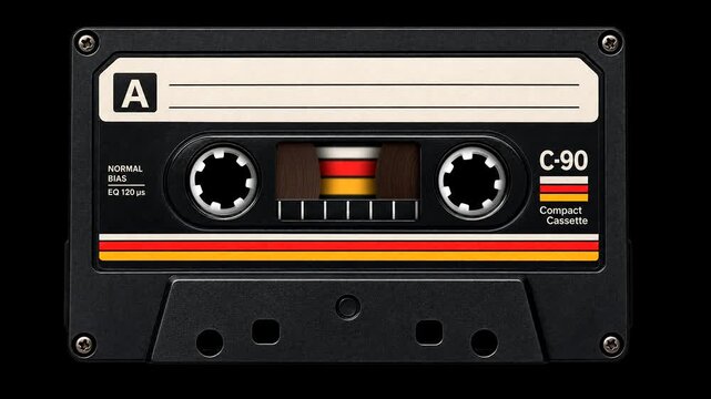 Old school cassette tape animation, C-90 compact cassette spinning, retro analog audio concept