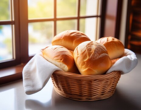white bread rolls in basket with towel next to window in bakery