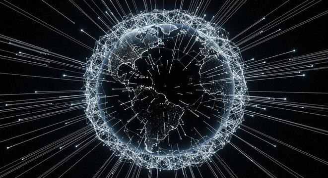 Abstract glowing Earth with radiating light lines symbolizing global data network and connectivity.