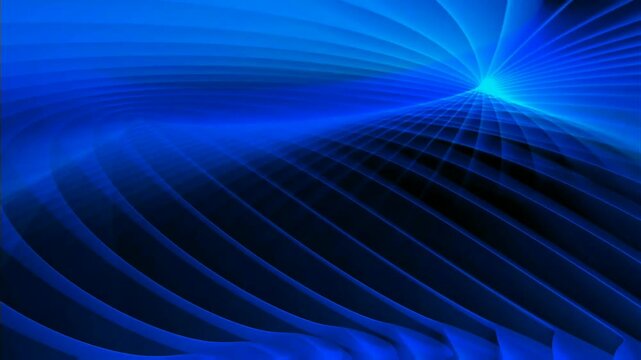 Sweeping curved blue light streams converge toward bright cyan focal point, layered grid lines recede into distance creating smooth futuristic digital tunnel perspective.