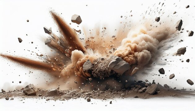 exploding dirt and rock debris creating an impact cloud with dust flying outwards on a white background