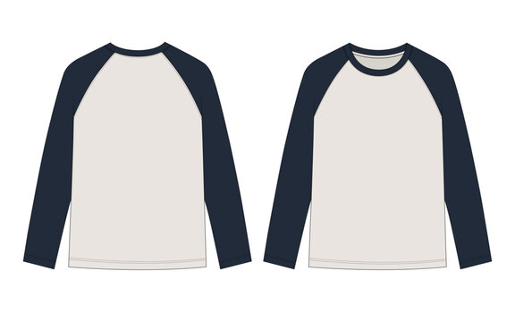 Contrast raglan long sleeve t-shirt technical flat sketch.
Color block baseball long sleeve shirt vector template.
Two-tone raglan sleeve tee fashion illustration front back.
Raglan sleeve streetwear 