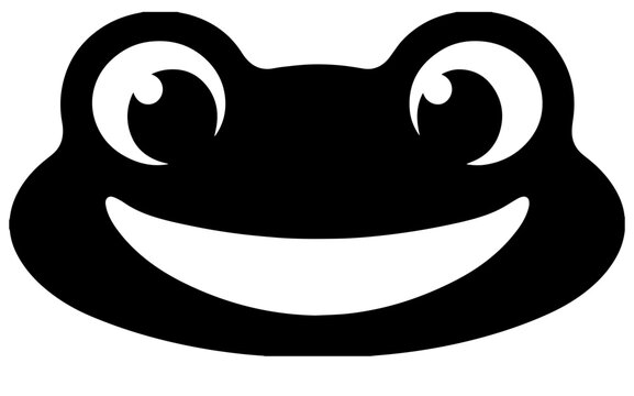Friendly frog head icon featuring bold black silhouette for cute animal mascot emblem or children book artwork.