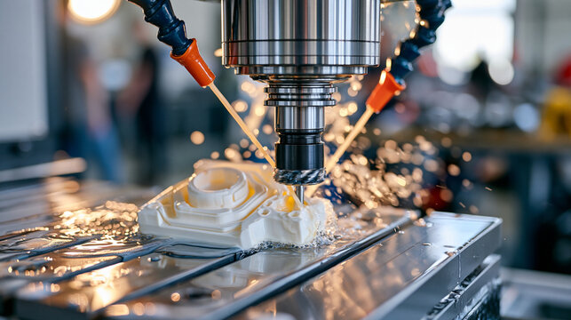 High precision CNC milling machine machining a white plastic component with a ball endmill cutter, intricate 3D contours forming under the rotating tool, sparkling coolant droplets reflecting indust