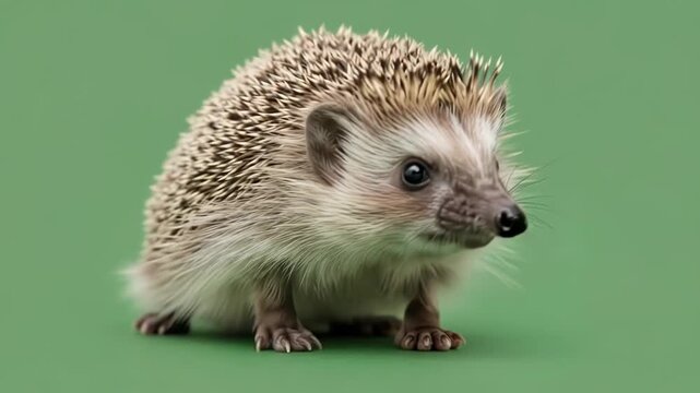 A close up portrait of a small hedgehog standing on a solid green background