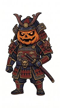 Fierce Japanese samurai pumpkin mascot wearing traditional shogun armor with katana
