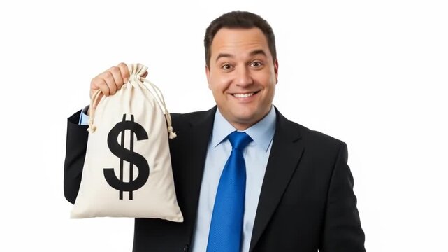 A smiling businessman holding a white bag marked with a dollar sign symbol