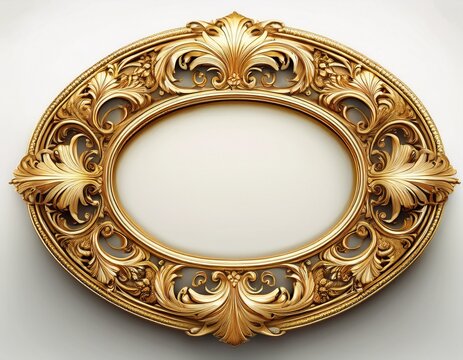 ornate gold oval frame with antique baroque style detailing a decorative border on white background
