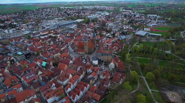 Panorama aerial view beside the old town above the city of &Ouml;hringen in Germany, on a cloudy autumn noon.