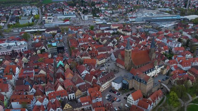 Panorama aerial view beside the old town above the city of &Ouml;hringen in Germany, on a cloudy autumn noon.