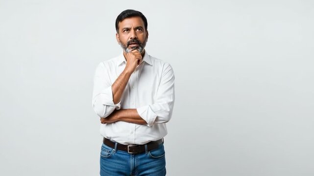A contemplative middle aged indian man looking upwards against grey background